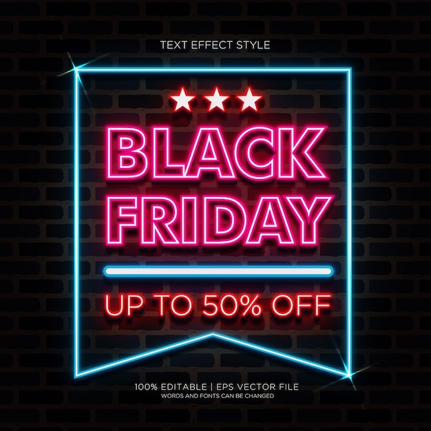 Vendita del Black Friday fino al 50% di banner con effetti di testo al neon