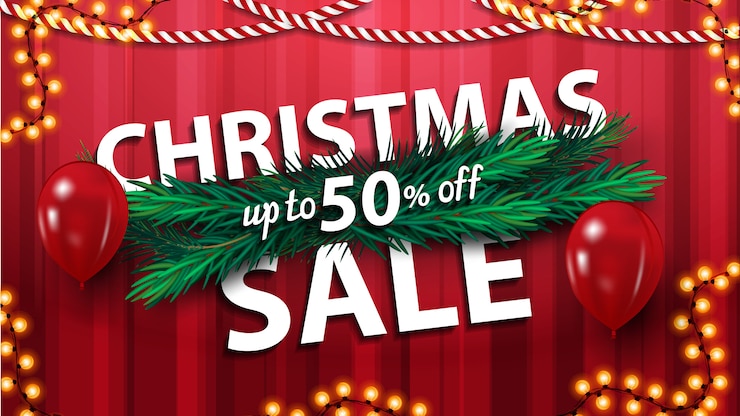 Vettore vendita di natale, fino al 50% di sconto, banner sconto rosso orizzontale con rami di albero di natale, palloncini e ghirlanda