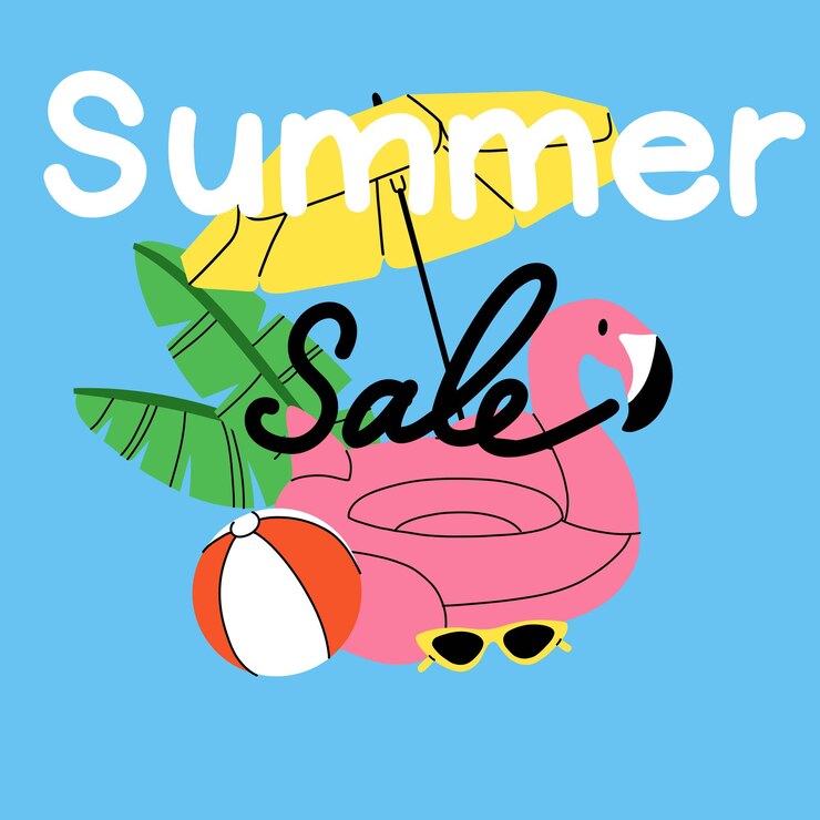 Vettore vendita di spiaggia estiva ombrello anello e palla gonfiabili occhiali da sole e foglie tropicali viaggio di vacanza estiva carta di sconto o poster di negozio di vacanze al mare illustrazione isolata a piatto cartone animato vettoriale
