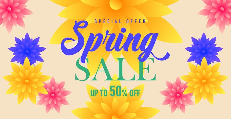 Vettore vendita primaverile fino a 50 sconti offerta speciale primaverile vendita web banner sfondo cartellino di auguri