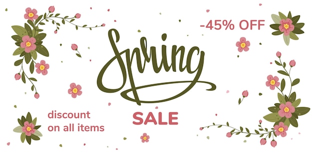 Vendita stagionale primaverile lettere femminili foglie di fiori e piante bellezza organica ornamenti botanici carini stile natura carino banner orizzontale web sconto sfondo tipografia vettoriale