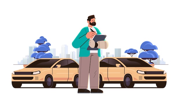 Venditore disabile con il concetto di persone con disabilità del centro di concessionaria di automobili con braccio robotico sostituito