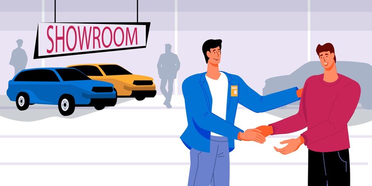 Vettore venditore e acquirente di auto al momento della conclusione di un accordo in una concessionaria di auto accordo di vendita di auto con un concessionario di auto stringe la mano al nuovo proprietario nell'illustrazione vettoriale piatta dello showroom