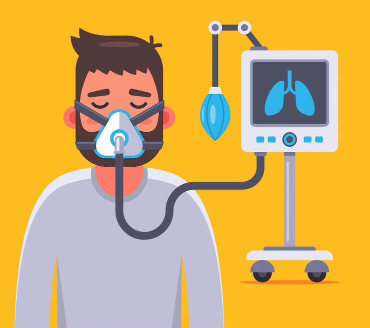 Vettore ventilazione dei polmoni con un coronavirus malato. illustrazione del personaggio.