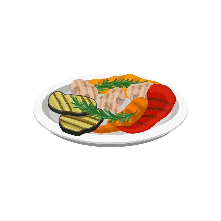 Vettore verdure alla griglia su un piatto vettore alimentare vegetariano illustrazione isolata su uno sfondo bianco