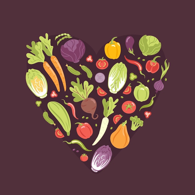 Verdure di stagione a forma di cuore Raccolta del Vegan Day Stile piatto Veganuary Vari prodotti vegetariani freschi elementi di design agricolo stile di vita sano per il design di banner poster