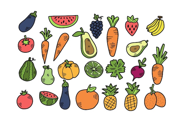 Verdure e frutta disegnate a mano in stile piatto