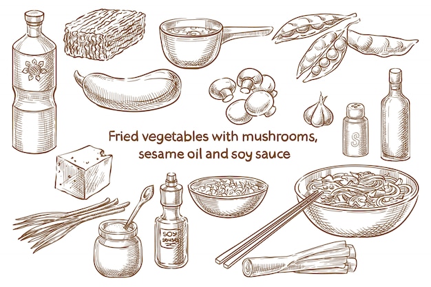 Verdure grigliate con funghi, olio di sesamo e salsa di soia. Cibo giapponese. Ingredienti. Disegno vettoriale