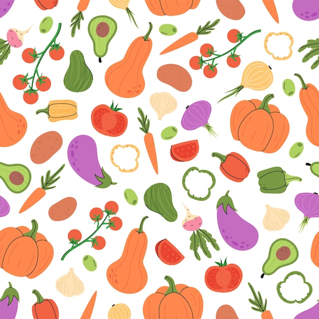 Verdure modello senza cuciture sfondo del raccolto simbolo vegetariano e vegano zucca carota e pomodoro pepe fresco e avocado Decorazione carta da parati per l'imballaggio tessile Stampa per tessuto