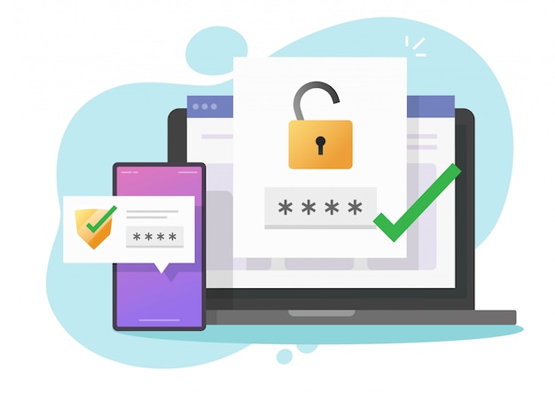 Verifica autenticazione password 2fa autenticazione avviso sicuro o sms con push code messaggio scudo icona nel telefono smartphone e computer portatile piatto