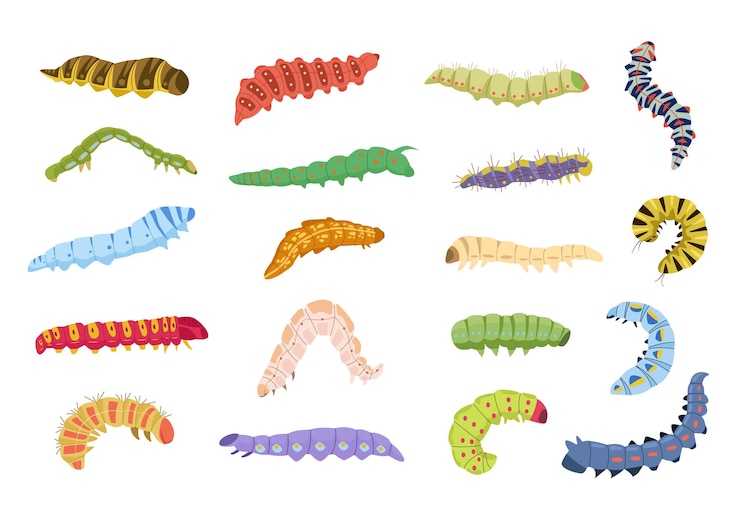 vermi striscianti bruchi collezione di cavallette biologia ecologia concetto cartone animato divertente fantasia favola vermi contorcendosi vettore cartone animato insetti set