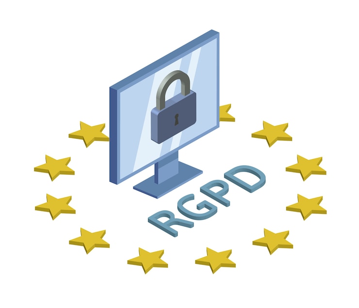 Vettore versione rgpd, spagnolo, francese e italiano del gdpr. regolamento generale sulla protezione dei dati. illustrazione isometrica di concetto. la protezione dei dati personali. isolato su sfondo bianco.