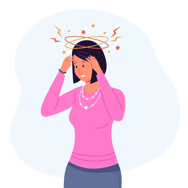 Vettore vertigine femminile donna stanca con vertigini vomito mal di testa sintomo di sbornia nausea dopo ubriaco ansia affaticamento malattia donne emicrania malato carattere esausto illustrazione vettoriale del problema del mal di testa