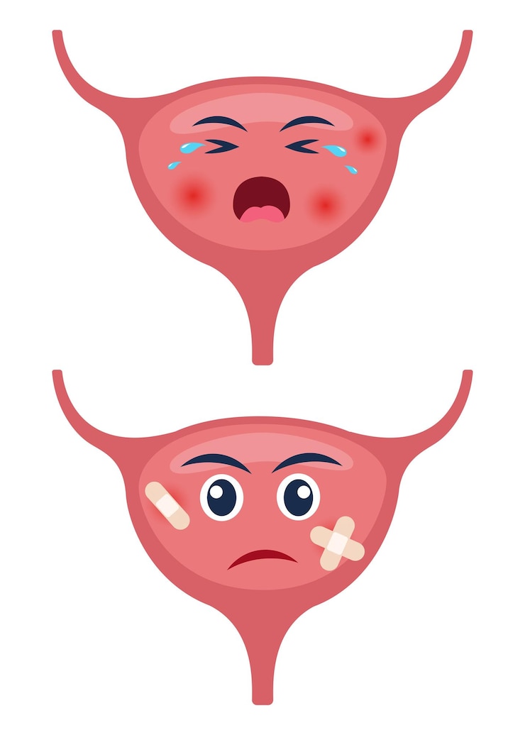 Vettore vescica malata con dolore o malattia organo del corpo della vescica del personaggio cartoon triste
