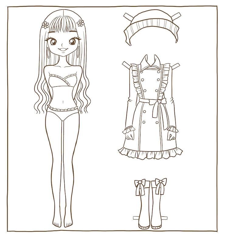 vestire bambola da colorare disegno cartone animato doodle kawaii anime carino illustrazione disegno clip art