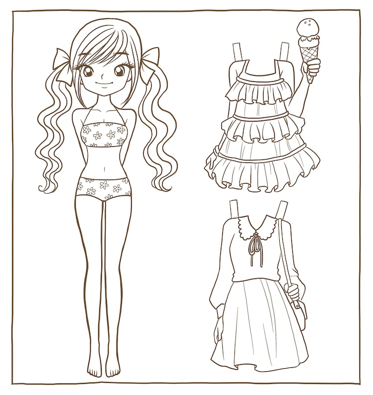 vestire bambola da colorare disegno cartone animato doodle kawaii anime carino illustrazione disegno clip art