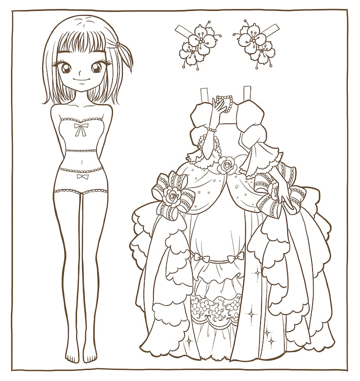 vestire bambola da colorare disegno cartone animato doodle kawaii anime carino illustrazione disegno clip art