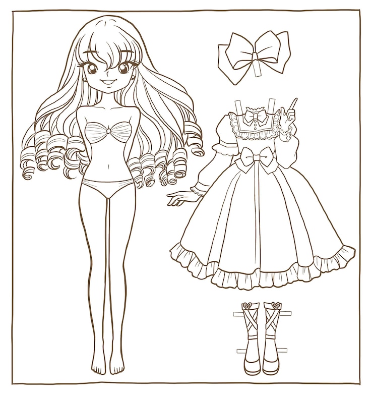 vestire bambola da colorare disegno cartone animato doodle kawaii anime carino illustrazione disegno clip art