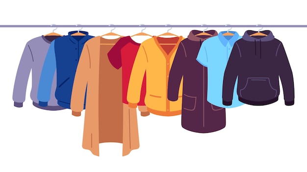 Vestiti appesi. Stoccaggio di indumenti da uomo e da donna su grucce, abbigliamento appeso su rack, concetto di vettore piatto dello spazio interno dell'armadio. Giacca e cappotto con cappuccio e maglietta, pullover appeso