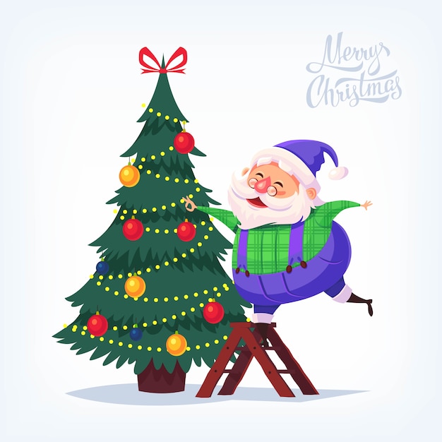 Vestito blu del fumetto sveglio Santa Claus che decora l'illustrazione di Buon Natale dell'albero di Natale