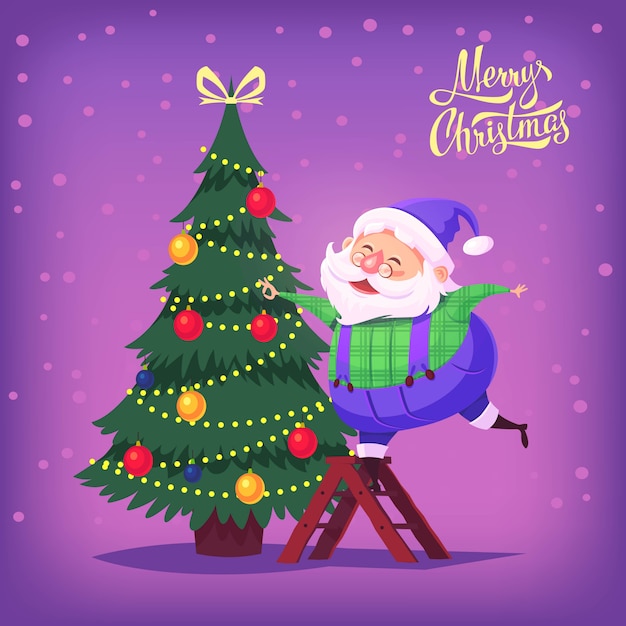 Vestito blu del fumetto sveglio Santa Claus che decora l'illustrazione di Buon Natale dell'albero di Natale