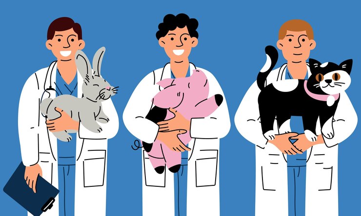 Vettore veterinari maschi felici con una felice varietà di animali domestici tra le braccia illustrazione vettoriale di animali