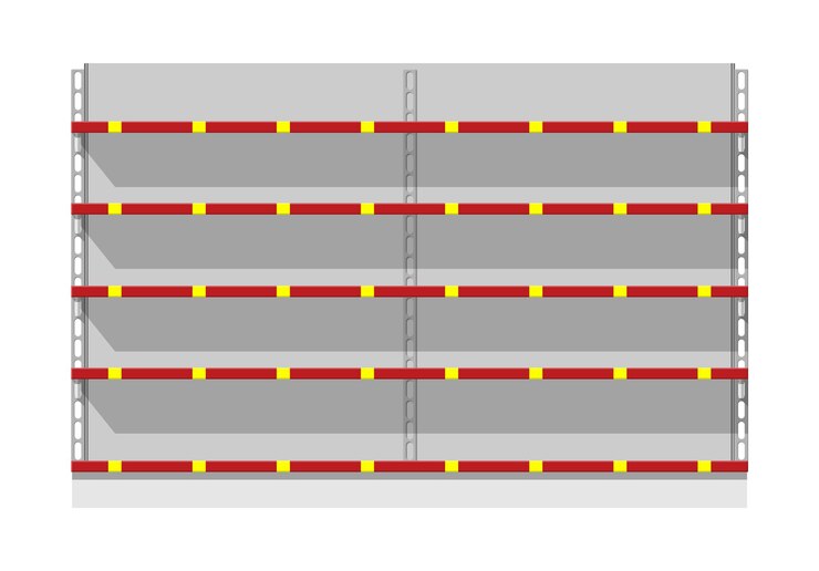 Vettore vetrina vuota del supermercato. scaffali di plastica al dettaglio per i prodotti. scaffale del negozio, scaffale del magazzino. arredamento per negozi e centri commerciali. illustrazione vettoriale in stile piatto