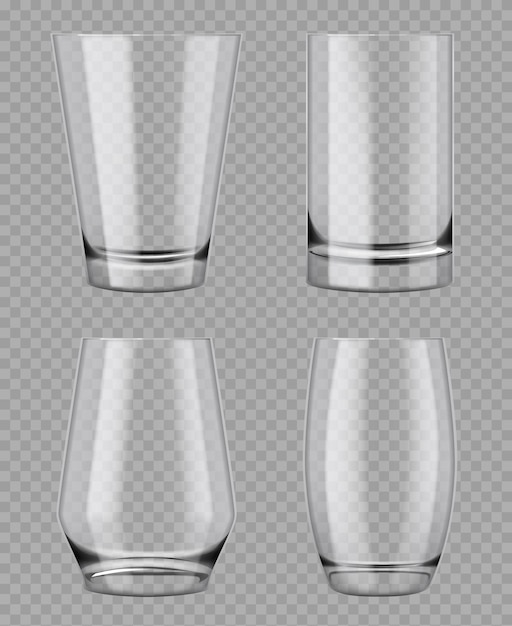 Vetro trasparente Tazze di cristallo vuote per prodotti liquidi vetro trasparente di altezza modelli vettoriali decenti mockup realistico Illustrazione di un oggetto trasparente di vetro vuoto