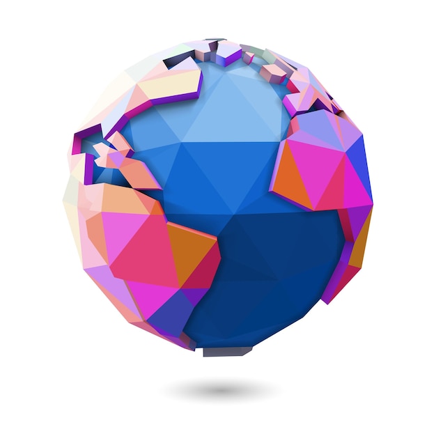 Vettore 3D globo terrestre con terra di colori vivaci e oceano blu disegno poligonale poligono basso astratto
