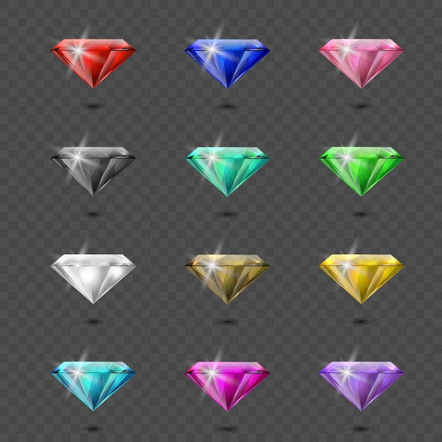 Vettore 3d Icone di pietre preziose realistiche colorate Set di strisce di cristalli di diamanti multicolori