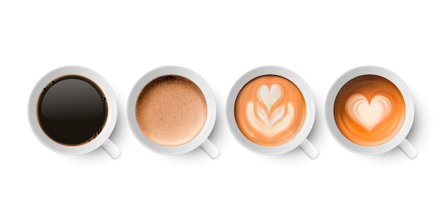 Vettore 3d realistico in ceramica Porclean bianco tazza di caffè tazza latte caffè schiuma set isolato su bianco espresso cappuccino latte fiore cuore modello illustrazione vettoriale modello di progettazione vista dall'alto