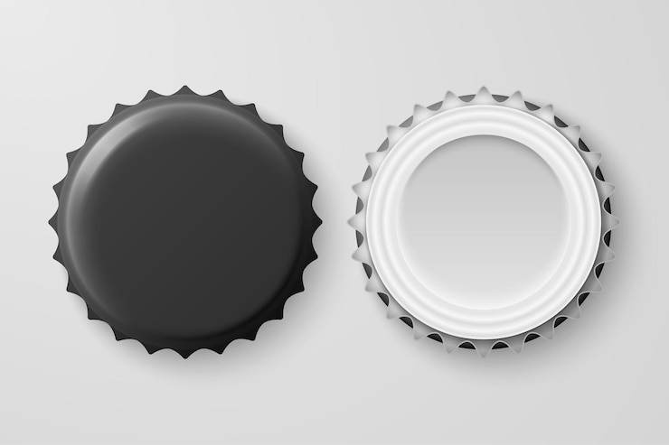Vettore vettore 3d realistico nero vuoto bottiglia di birra tappo set primo piano isolato su sfondo bianco modello di progettazione per mock up pacchetto pubblicità vista dall'alto e dal basso