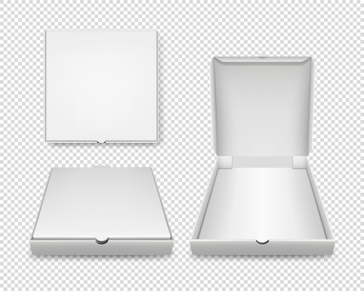 Vettore vettore 3d realistico vuoto bianco chiuso e aperto pizza box modello impostato primo piano isolato su sfondo trasparente mockup per logo corporate design vista frontale superiore
