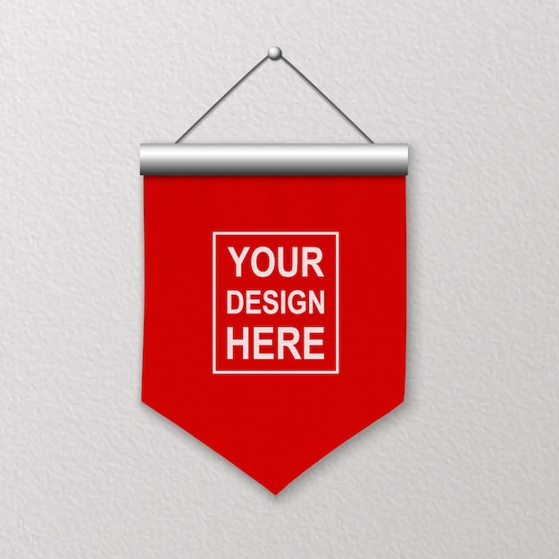 Vettore 3d realistico vuoto rosso stendardo appeso a parete modello di design mockup lino stendardo primo piano sulla parete strutturata tessuto vuoto bandiera pubblicità tela banner