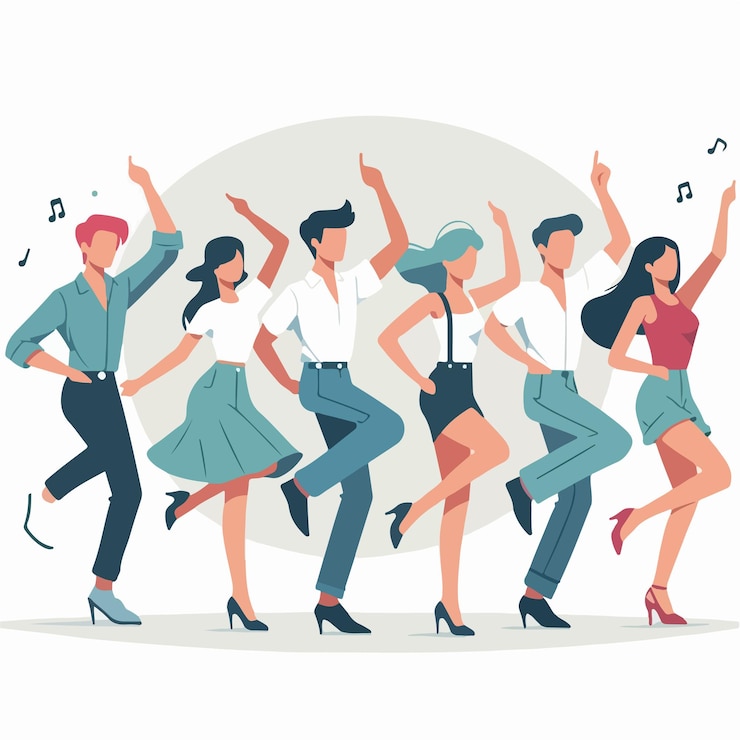 Vettore vettore 5 persone che ballano in stile flat design