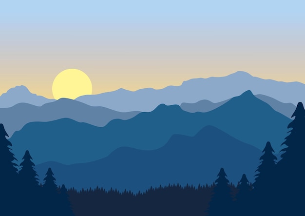 vettore alba con un paesaggio di montagna blu sullo sfondo illustrazione