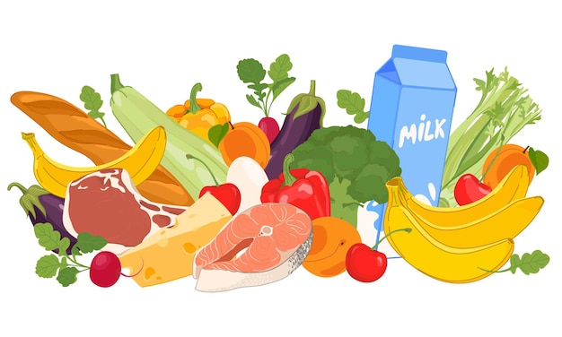 Vettore alimentare sano in stile piatto Prodotti di supermercato latte baguette carne pesce verdure e frutta Dieta sana a basso contenuto calorico in stile cartone