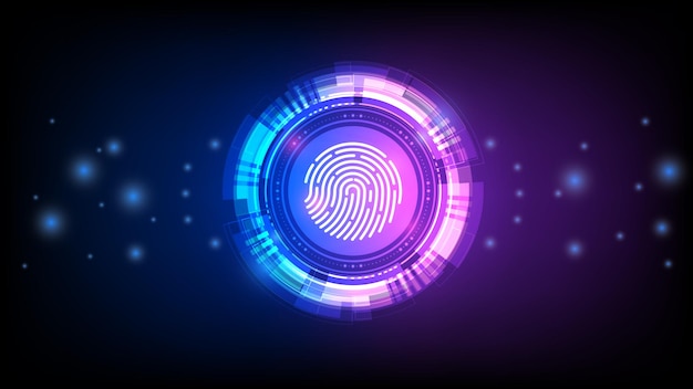vettore astratto concetto di sistema di sicurezza con impronta digitale su sfondo tecnologico blu viola.
