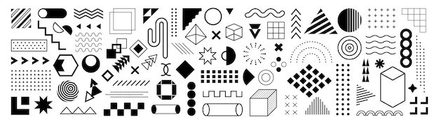 Vettore astratto linea geometrica forme grafiche Memphis elementi di design mega set moderna hipster illustrazione colorata