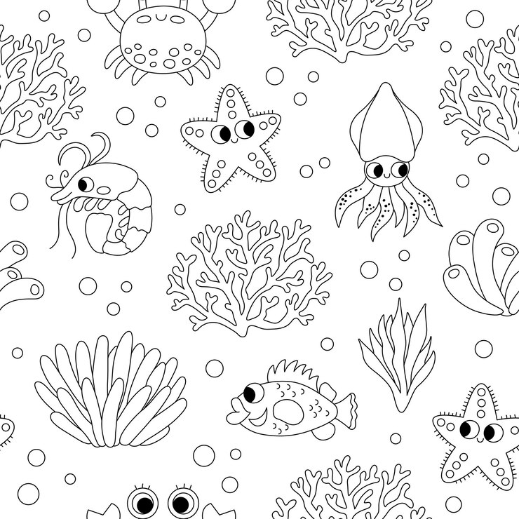 Vettore bianco e nero sotto il mare modello senza cuciture Ripetere la linea di sfondo con stella di mare granchio calamari coralli vita dell'oceano carta digitale animali acquatici illustrazione o pagina da colorare con pesci carinixA