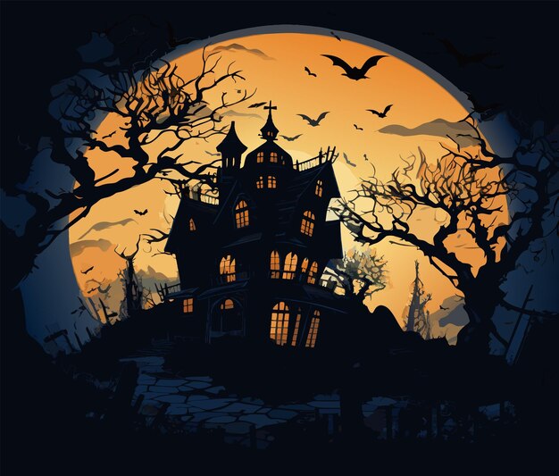 vettore castello di halloween alberi spaventosi intorno alla casa sihouettes raccapriccianti illustrazione vettoriale su sfondo grigio e arancione