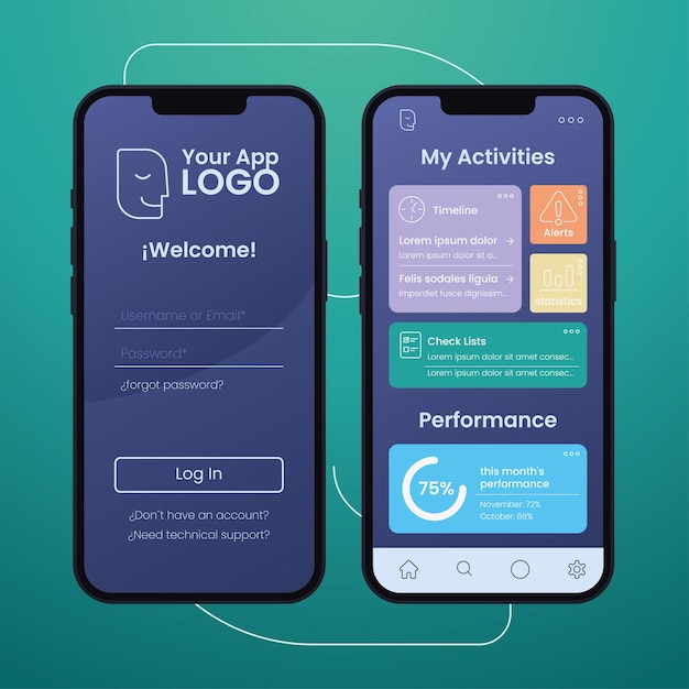 Vettore colorato del modello di modello dell'interfaccia utente dell'interfaccia utente dell'app mobile aziendale