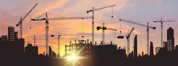 Vettore con costruzione di case al tramonto Grande cantiere di costruzione con gru a torre