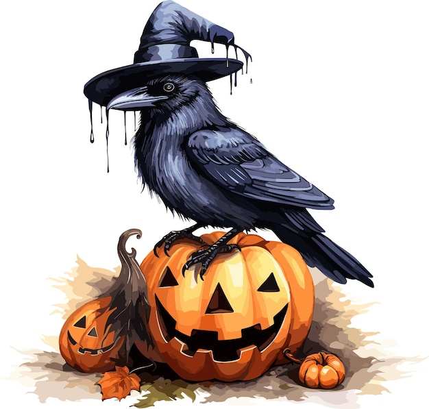 vettore corvo con cappello sulla zucca corvo e jack o lantern zucca di Halloween e vettore corvo su sfondo bianco