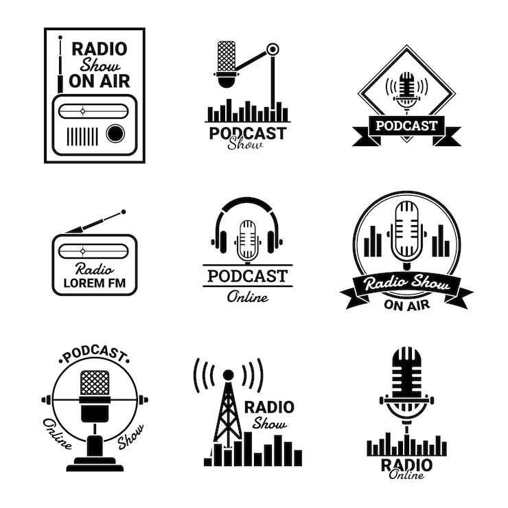 Vettore vettore del concetto di etichetta della stazione radio badge sign set