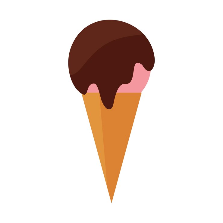 Vettore vettore del cono di gelato gelato al cioccolato e alla fragola nell'etichetta del cono di waffle