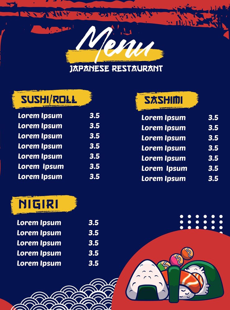 Vettore vettore del menu di cibo giapponese per il design del modello