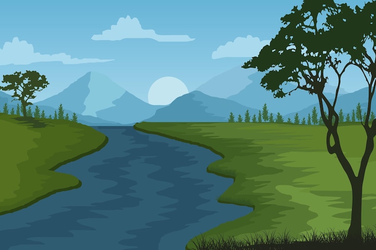 Vettore vettore del modello del fondo di progettazione del paesaggio dell'illustrazione piana della scena della natura del lato del fiume bello