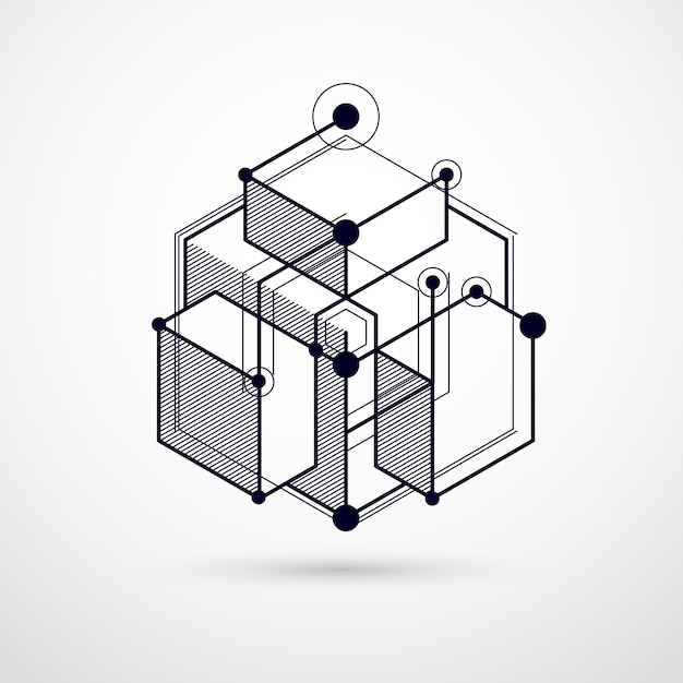 Vettore del modello di cubo 3D geometrico astratto e sfondo bianco e nero. Disposizione di cubi, esagoni, quadrati, rettangoli e diversi elementi astratti.