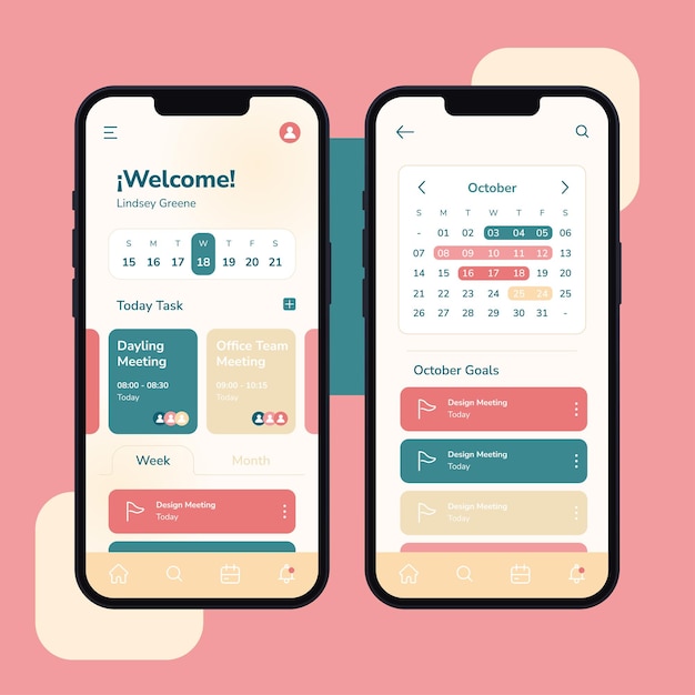 Vettore del modello di mockup dell'interfaccia utente dell'app per dispositivi mobili con programma colorato